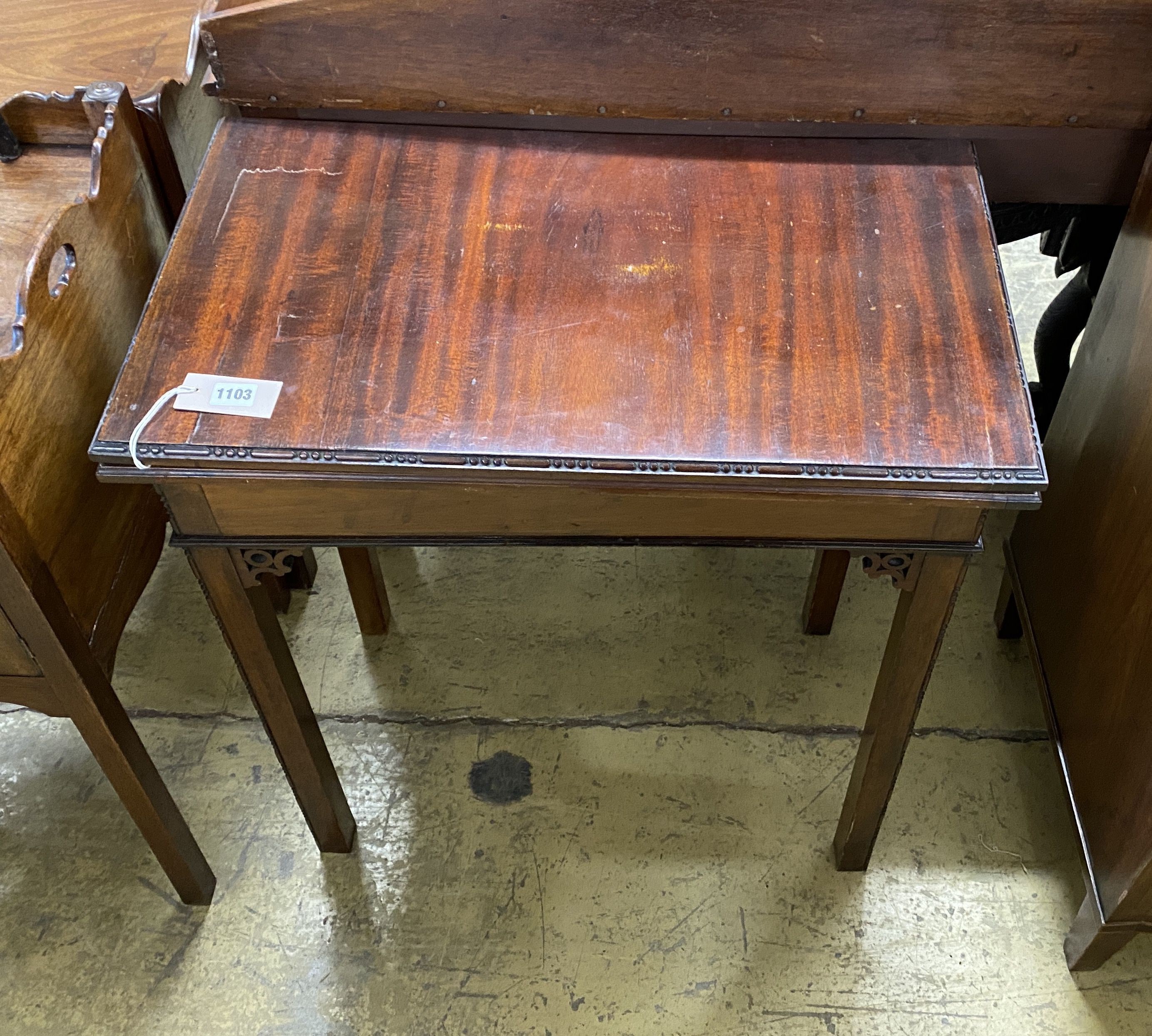 An Edwardian Georgian style rectangular mahogany folding card table, width 68cm, depth 40cm, height 75cm